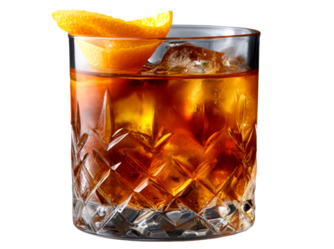 Vintage Cocktail Glass with Orange Peel Twist and Ice Isolate on Transparent Background, cutout, png