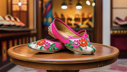 Adorable, petite red juttis featuring intricate white thread and bead embroidery with central stones, perfectly positioned on a round wooden table in a traditional footwear shop.