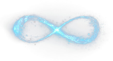 Futuristic infinity symbol floating in abstract night sky digital background concept of endless energy.
