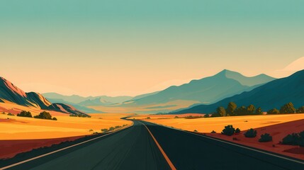 Wide open road stretches through desert landscape with mountains under clear blue sky during sunset hours