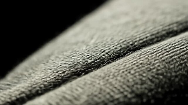 Textured, gray woven fabric at an angle, with dark shadows and visible loose fibers