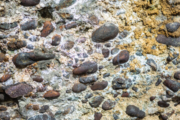 Yellow and grey surface with brown stones and fossils
