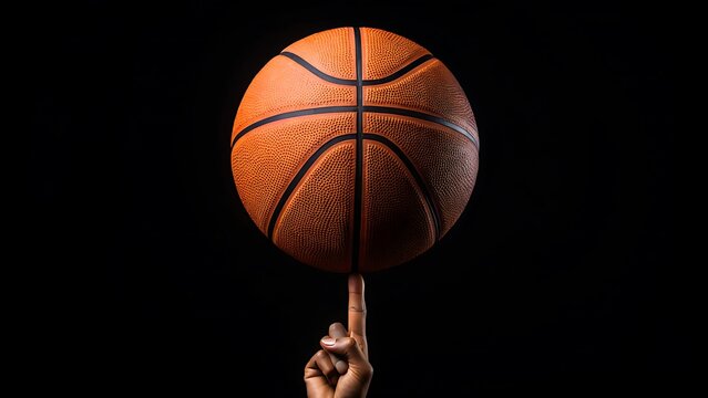 Basketball spinning on finger isolated on dark background
