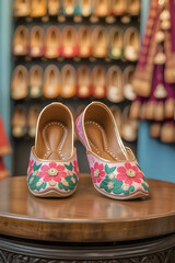 Adorable, petite red juttis featuring intricate white thread and bead embroidery with central stones, perfectly positioned on a round wooden table in a traditional footwear shop.