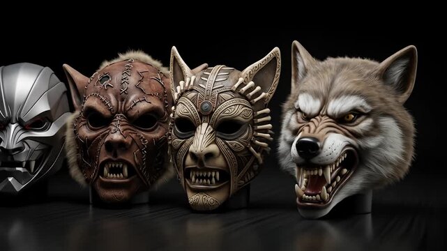 Four menacing animal masks in a row, silver, sewn, tribal, wolf, on dark surface