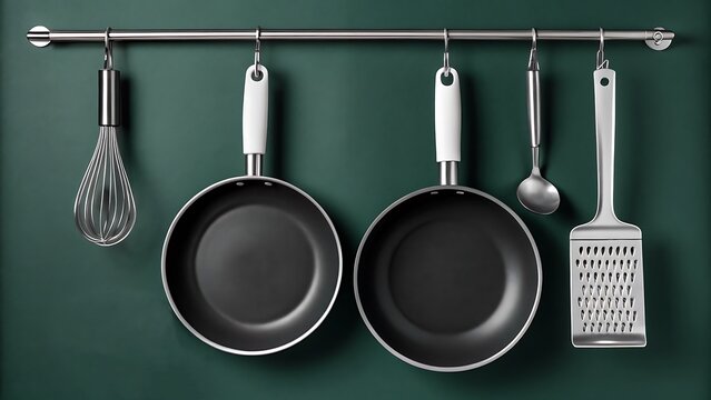 Kitchen utensils and frying pans hanging on green wall background
