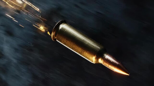 A single brass bullet speeding through smoky air, leaving a fiery trail and dramatic motion effects behind it.