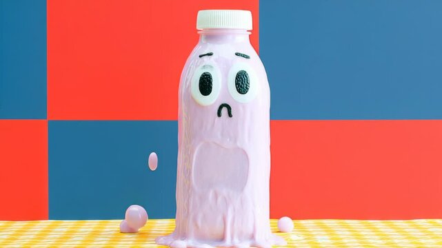 Animated milk bottle character with expressive eyes and mouth, appears to spill milk while reacting in surprise, showcasing playful scene progression with zoom in and vibrant background colors