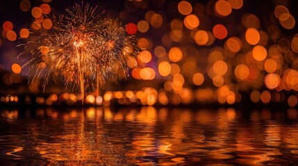 Vibrant orange and yellow fireworks explode over a dark body of water reflecting the colorful display
