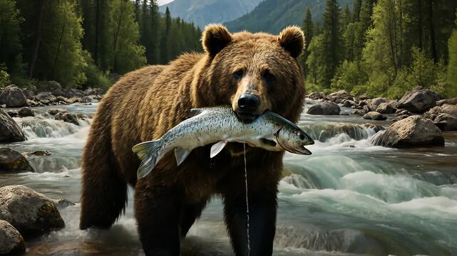 brown bear walks along mountain river with caught fish in its mouth. large bear goes in mountainous river, carrying freshly caught salmon in its powerful jaws during seasonal salmon run.