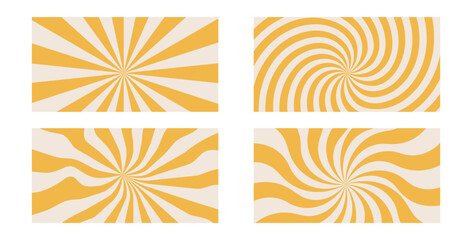 Groovy swirl starburst backgrounds set. Retro spiral yellow sun rays abstract collection of illustrations. Vector radial carnival stripes vintage backdrops. Sunburst 70s pop art wide design.