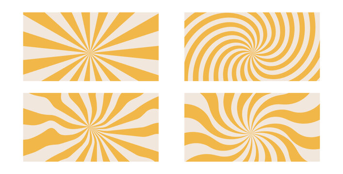 Groovy swirl starburst backgrounds set. Retro spiral yellow sun rays abstract collection of illustrations. Vector radial carnival stripes vintage backdrops. Sunburst 70s pop art wide design.