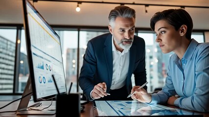 Two business people review data presented on monitors in an office setting - Powered by Adobe
