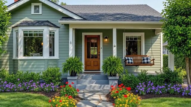 Charming Green House Exterior with Beautiful Landscaping and Stone Walkway.