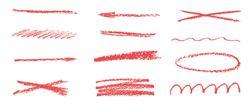 Red color underline crayon set. Pencil brushstroke strikethrough lines. Hand drawn textured emphasis freehand, streak elements. Chalk arrow, scribble highlights. Vector crayon text marks.