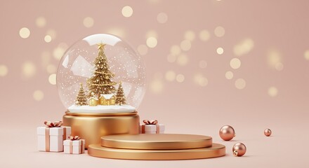 3D rendering of luxury Christmas golden product display podium with festive snow globe, gifts, and bokeh lights on pink background.