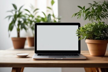 Fototapeta premium Wooden table with laptop blank white screen, complemented by a vibrant potted plant