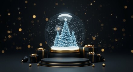Elegant 3D Christmas product presentation stand, dark background, snow globe, gold gifts, and festive winter bokeh lights