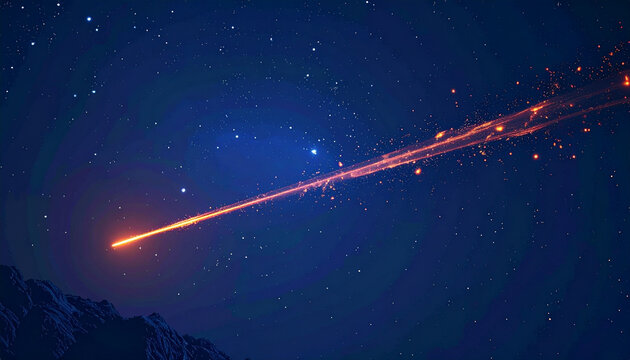 A vibrant meteor streaks across the night sky above a mountain range. - Powered by Adobe