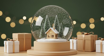 Festive Snow Globe Display on Wooden Podium. Christmas gifts and winter village scene with golden bokeh lights on green background.