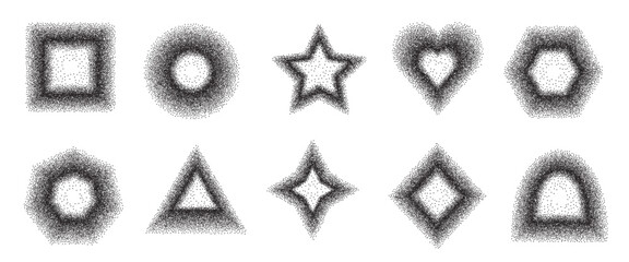 Dust power frames set. Dot work black ink gradient simple geometric border shapes set. Grainy noise textured y2k elements. Square, blinks, star with arch and circle vector text boxes forms.