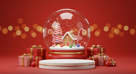 Christmas Product Podium Display with Snow Globe, Gingerbread House, and Red Gift Boxes. Winter Holiday 3D Showcase Stage on Red Bokeh Background.