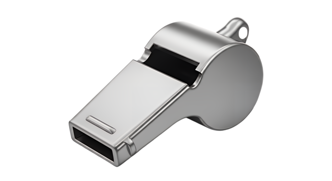 Shiny metal whistle isolated on transparent background used by referees and coaches