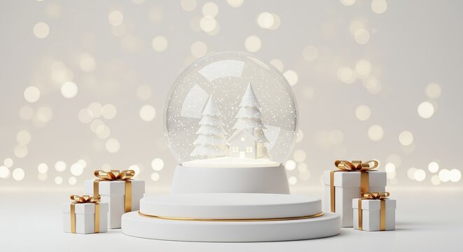 Elegant 3D White Christmas Podium Display with Snow Globe, Minimalist Product Stand and Festive Gold Gifts.
