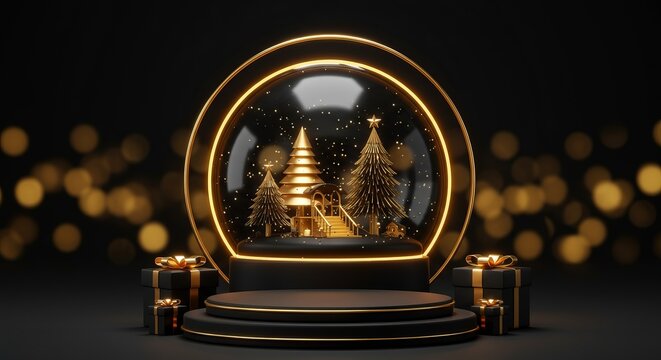 Black and Gold Christmas Podium Scene. Elegant 3D Festive Product Display Stand with Golden Snow Globe and Gift Boxes.