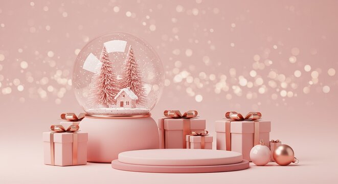 Luxurious Pink Christmas Podium Display. Festive Snow Globe, Rose Gold Gifts, and Ornaments on a Sparkling Bokeh Background. - Powered by Adobe