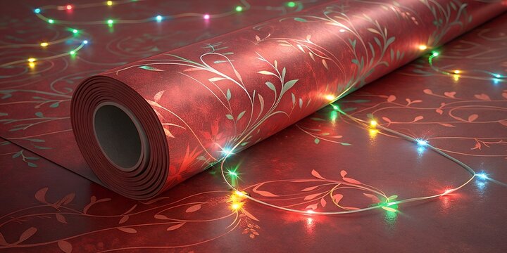 Red wrapping paper roll with floral patterns and colorful fairy lights scattered around it. Ideal for holiday gift wrapping and festive decorations.