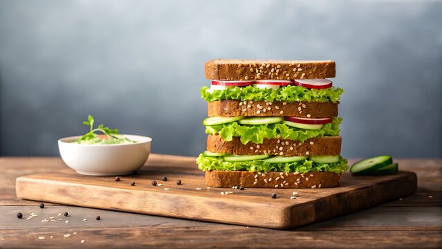 Healthy vegetable sandwich with lettuce cucumber and radish on wooden board
