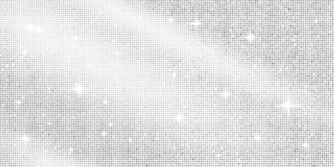 Disco ball silver mosaic background mirror glitter texture. Shiny white tones sequin pattern. Festive winter fashion folded fabric decoration. Glam grey sparkle Christmas wall. Vector illustration.