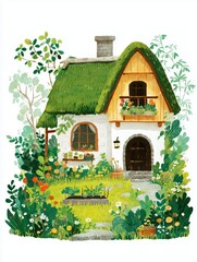 A cozy cottage surrounded by lush greenery and colorful flowers, with a stone path leading to the front door, creating a peaceful and inviting atmosphere. Concept of peaceful countryside living.