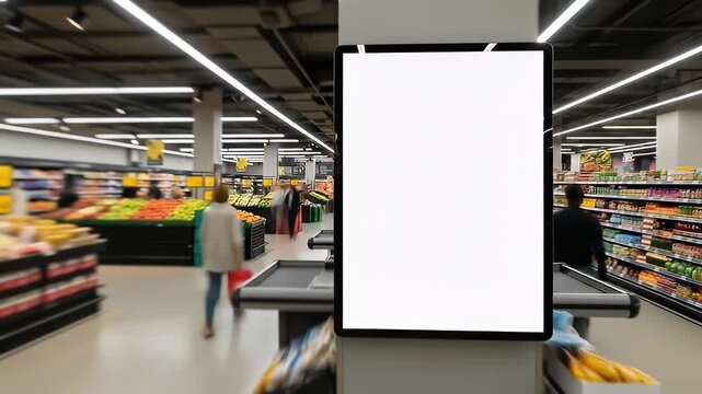 Digital advertisement screen displays blank ad space in a blurred supermarket setting