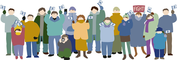 冬の街頭で応援する人々