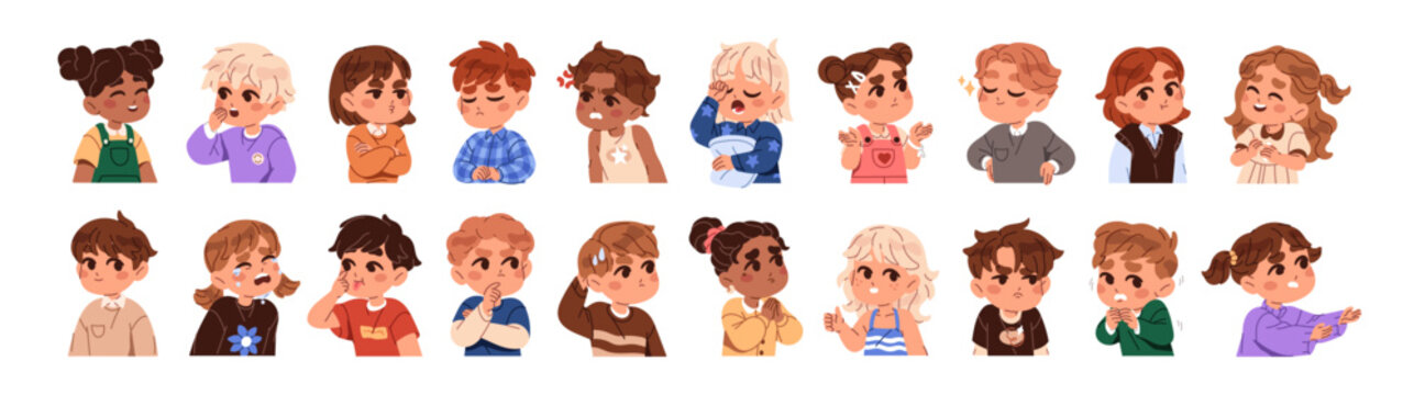 Set of kids with different emotions. Portraits of cute children with happy, sad, angry and scared faces. Divers babies smile, cry and shy. Flat isolated vector illustrations on white background