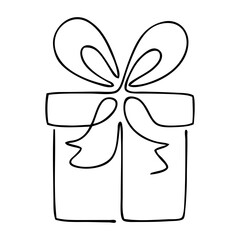 Logo con dibujo de línea continua de caja de regalo con lazo de cinta para tarjetas y felicitaciones de cumpleaños o Navidad 