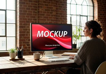 Screen Computer Mockup In Creative Loft Office