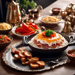 Appetizing meat dish with rice, vegetables, and creamy sauce served on a rustic table. Ideal for restaurant menu or food advertisement.