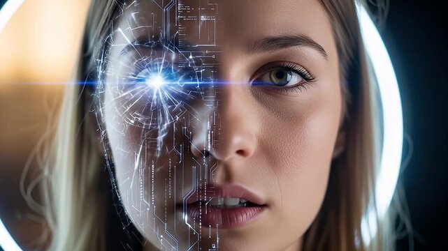 Bi-faced woman with digital fracture, stark lighting, intense gaze, tech overlay