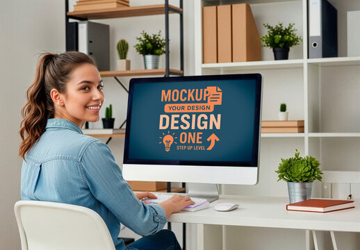 Screen Computer Mockup With Smiling Woman