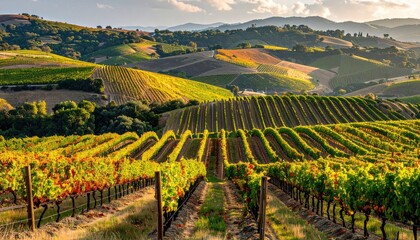 Rolling Vineyards Bathed in Golden Sunrise Light with Distant Hazy Hills and Warm Glow