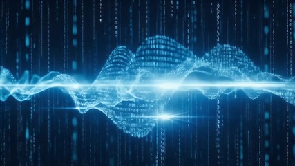 Abstract binary rain falling over a luminous digital wave, on a dark blue background - Powered by Adobe