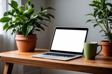 Wooden table with laptop blank white screen, complemented by a vibrant potted plant