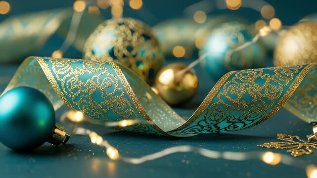 Festive still life with teal & gold ribbon, bokeh lights, and teal & gold ornaments