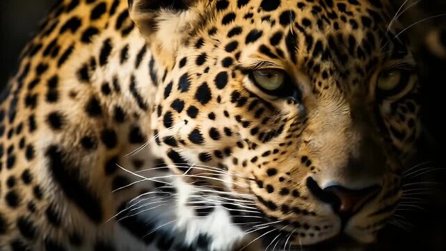A close-up shot showcases a leopard's face with striking golden eyes and spot pattern