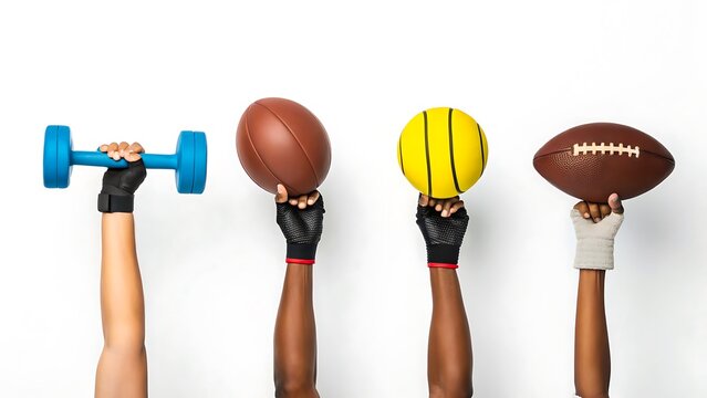 Diverse hands holding sports equipment against white background
