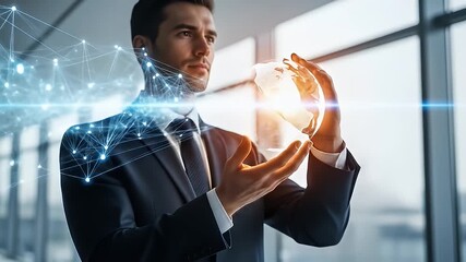 Businessman holding a glowing globe with a digital network overlay in a bright space - Powered by Adobe