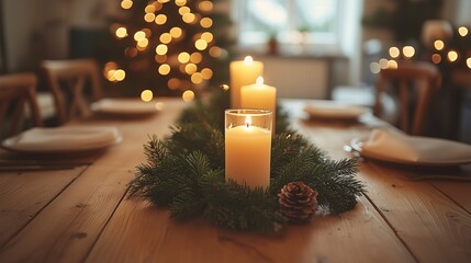 Minimalist Christmas cinematic scene of a wooden dinner table with simple candles and greenery 